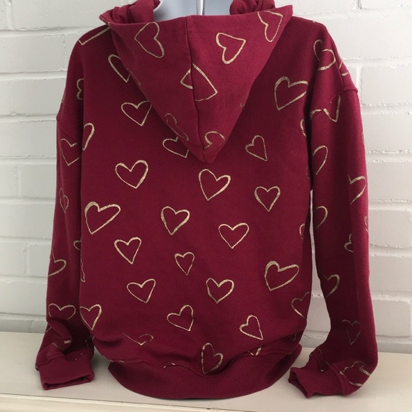 Zara Girls Burgundy Heart Design Hooded Sweatshirt Size 13/14 - Picture 3 of 5